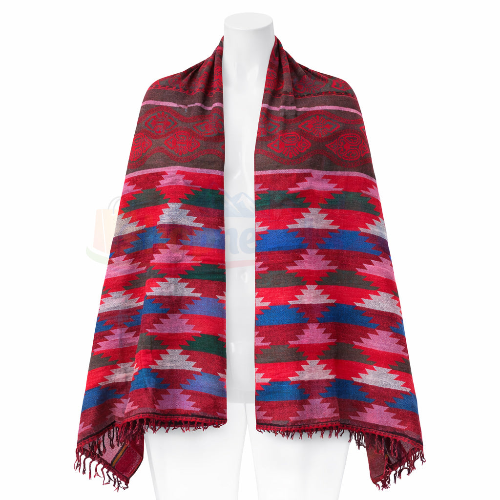 Nepali Dhaka Shawl Red-yellow triangle pattern