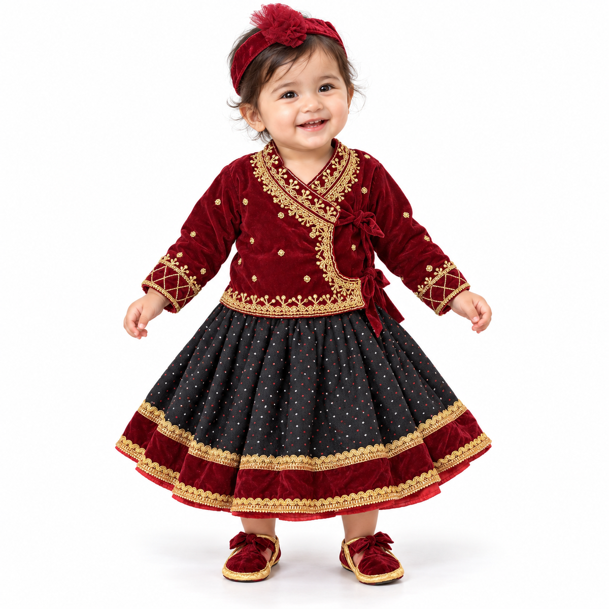 Baby Girl Newari red Pasni Dress Set (3 Pieces) - बेबी केटीको पास्नी ड्रेस सेट (३ वटा)