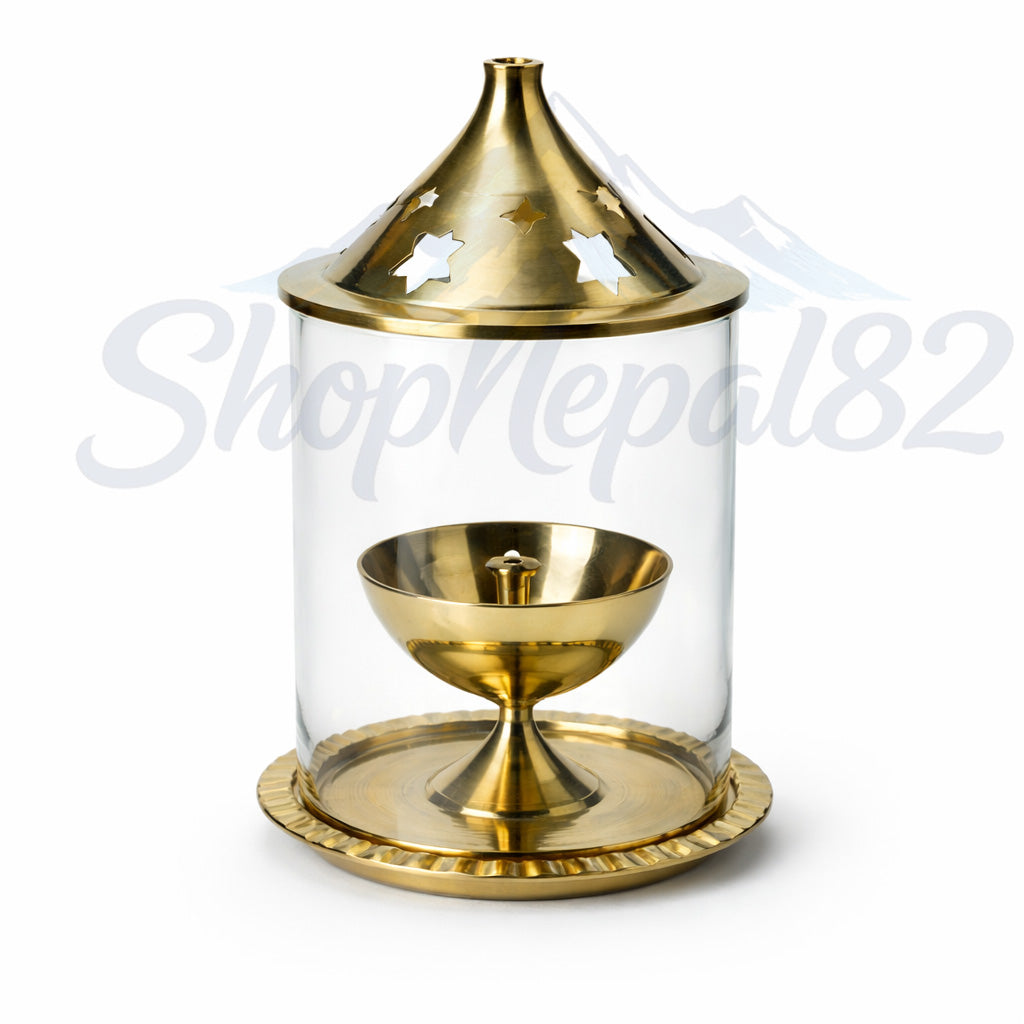 Brass Diya / Oil Lamp with Glass Cover (Brass Akhand Jyoti Lamp) – पितल दियो अखण्ड ज्योति