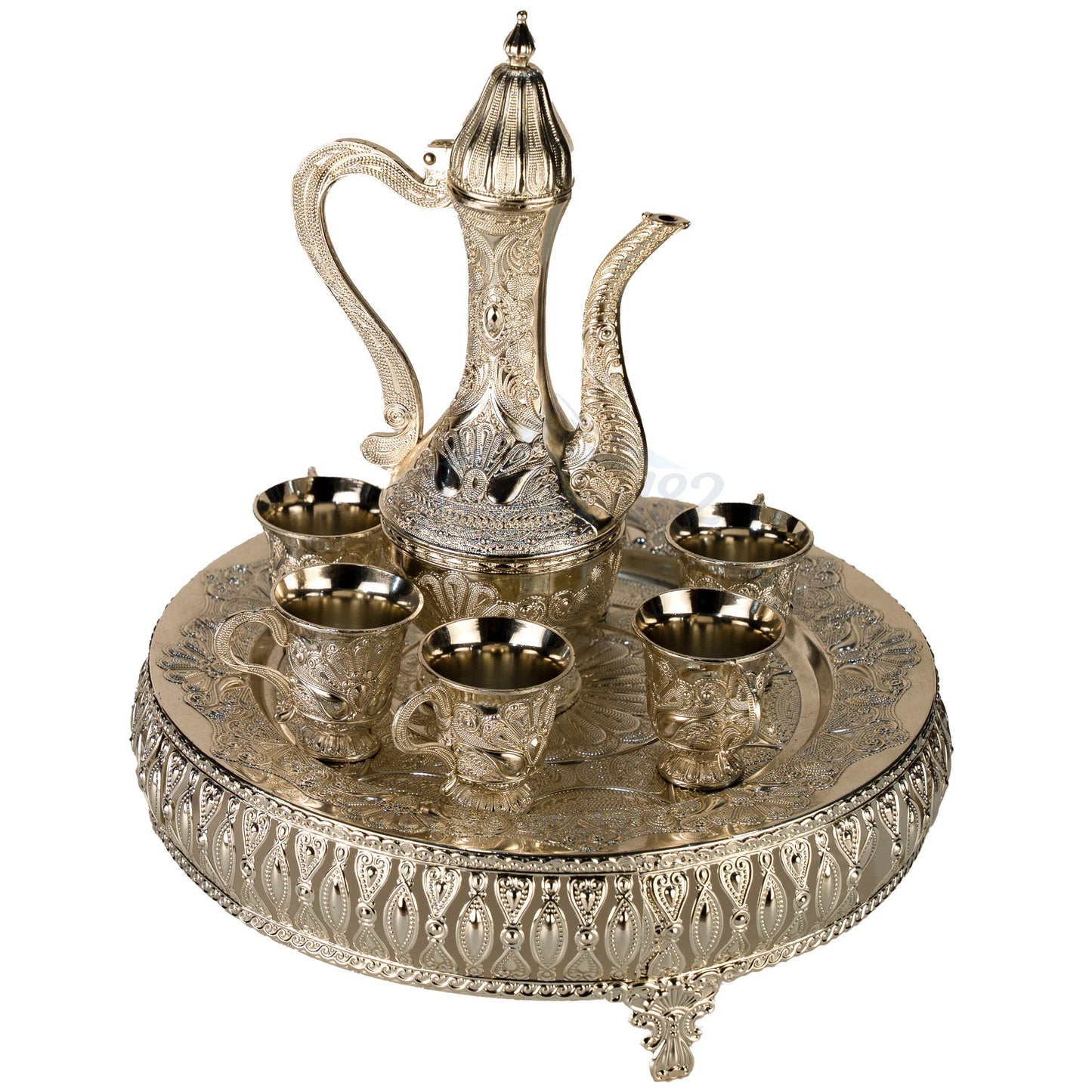 Traditional Decorative Metal Tea Serving Set – Jug, Tray & Cups Set – पारम्परिक चिया सेट