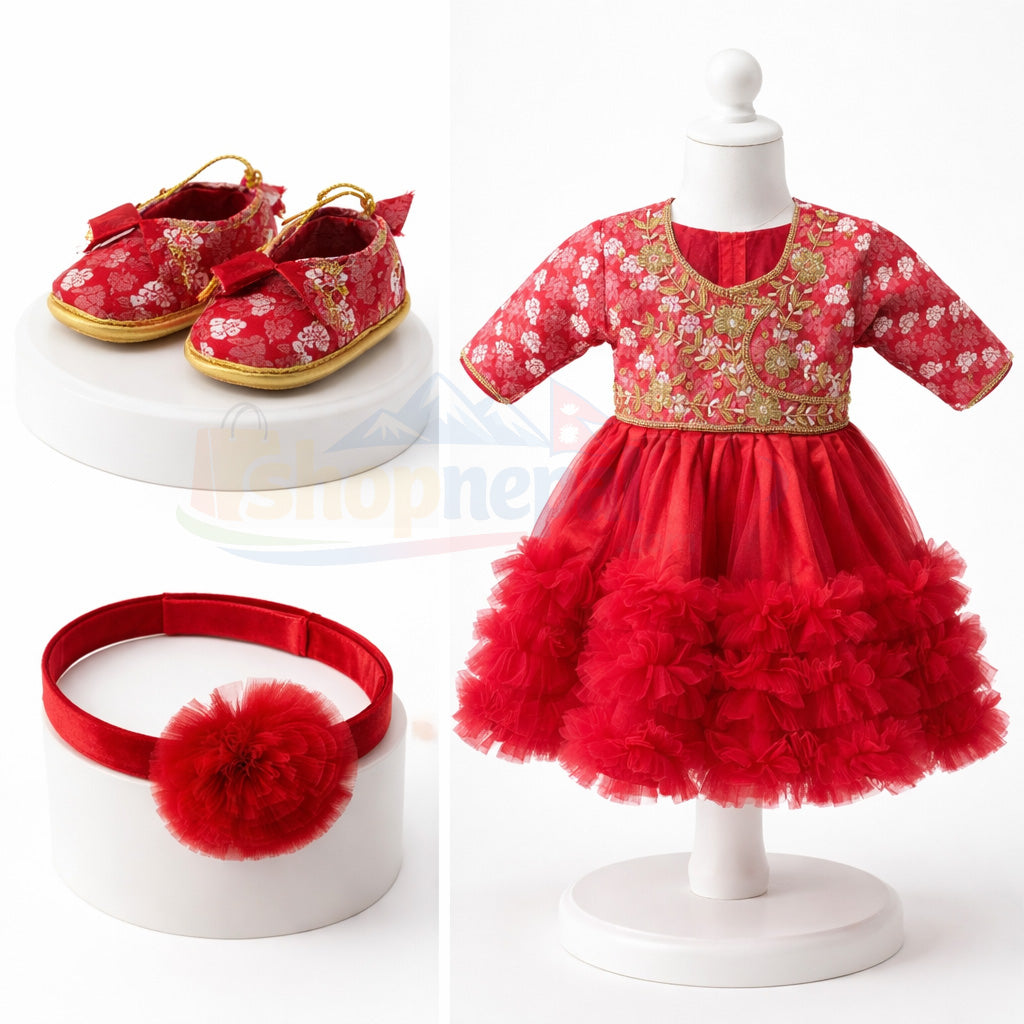 Baby Girl Pasni Dress Set (3 Pieces) - बेबी केटीको पास्नी ड्रेस सेट (३ वटा)