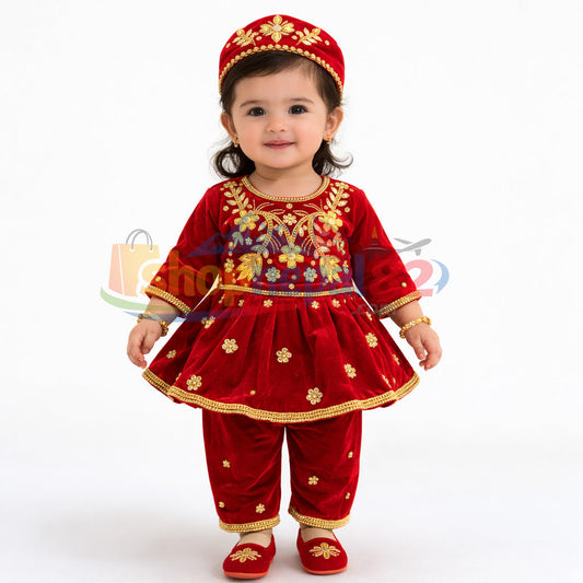 Baby Girl Pasni Dress Set Red moti mala (3 Pieces) - बेबी केटीको पास्नी ड्रेस सेट (३ वटा)