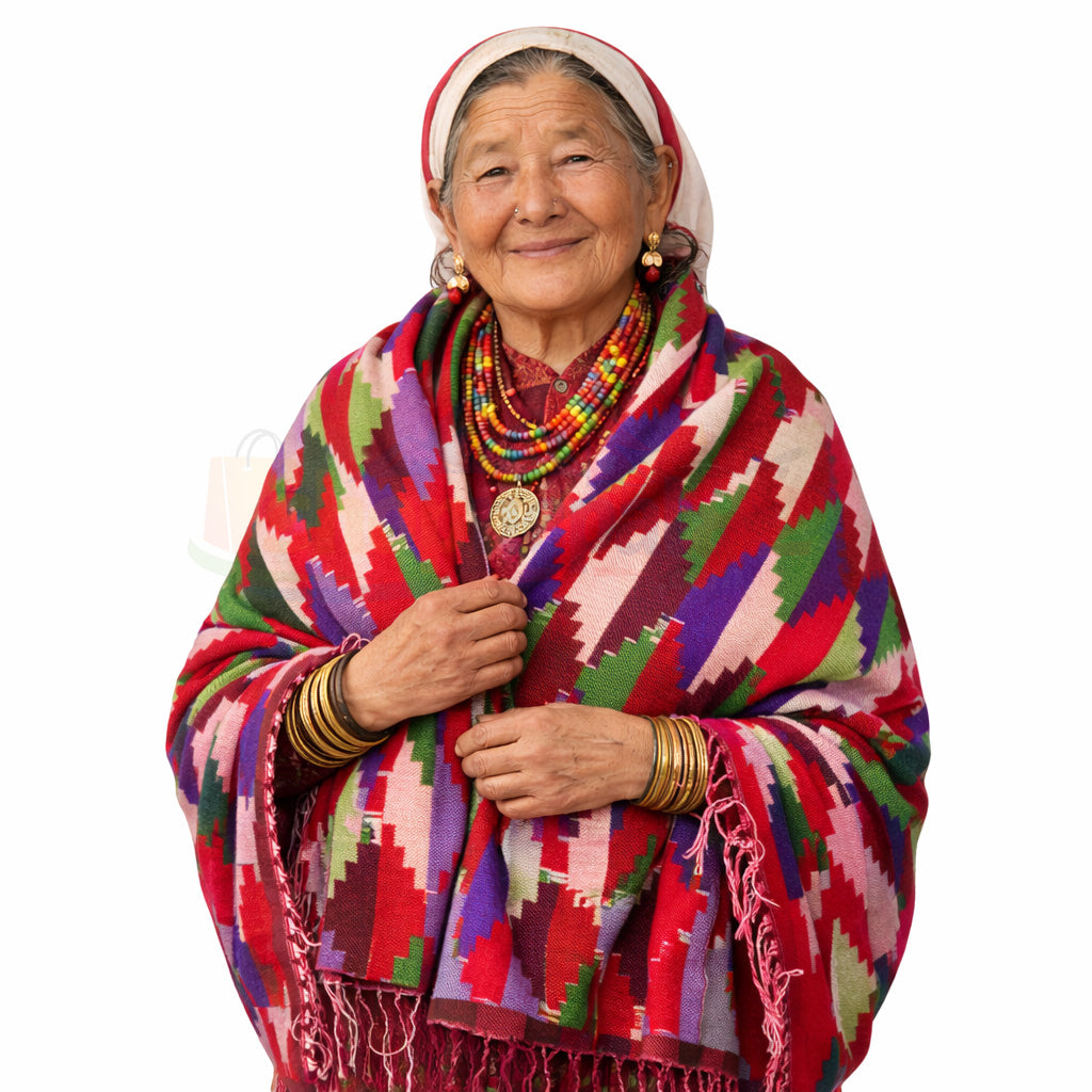Nepali Dhaka Shawl Red-yellow triangle pattern