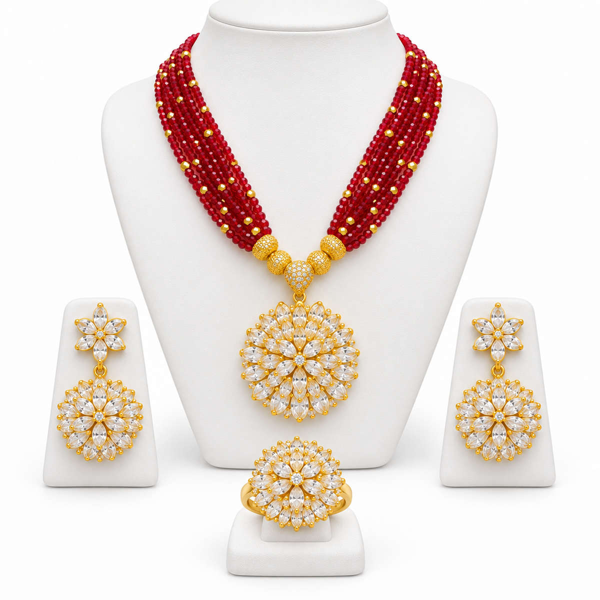 Beaded Floral Jewelry Set – Necklace, Earrings & Ring