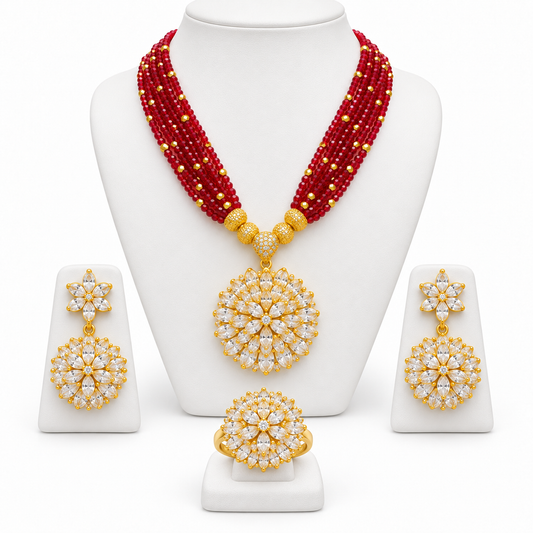 Beaded Floral Jewelry Set – Necklace, Earrings & Ring