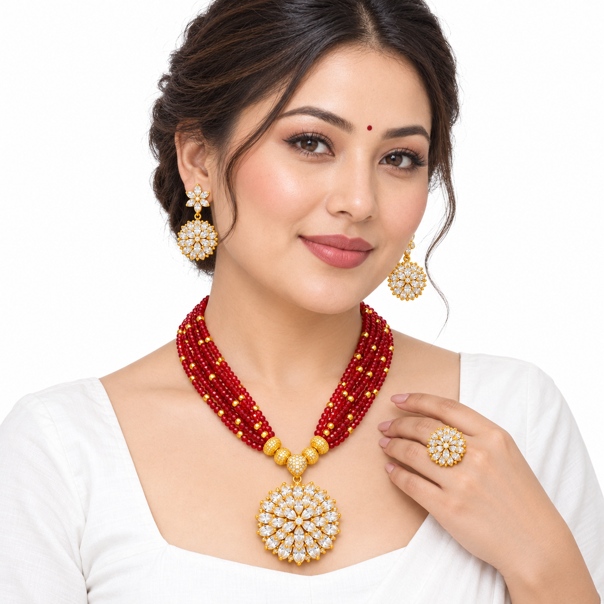 Beaded Floral Jewelry Set – Necklace, Earrings & Ring