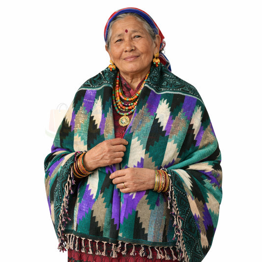Nepali Dhaka Shawl Green–purple diamond pattern