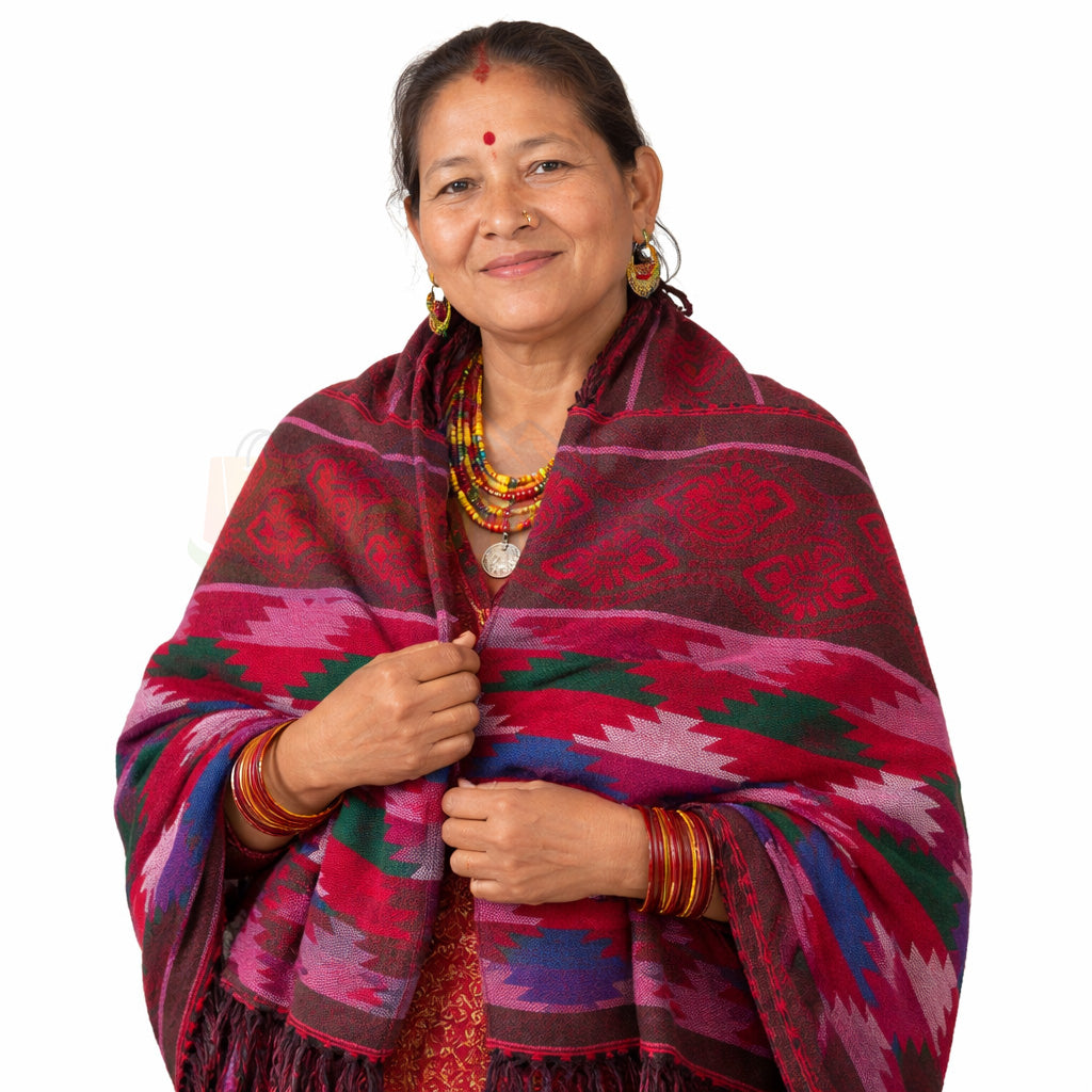 Nepali Dhaka Shawl Red Tribal Pattern