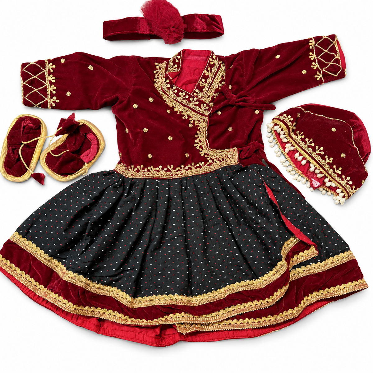 Baby Girl Newari red Pasni Dress Set (3 Pieces) - बेबी केटीको पास्नी ड्रेस सेट (३ वटा)