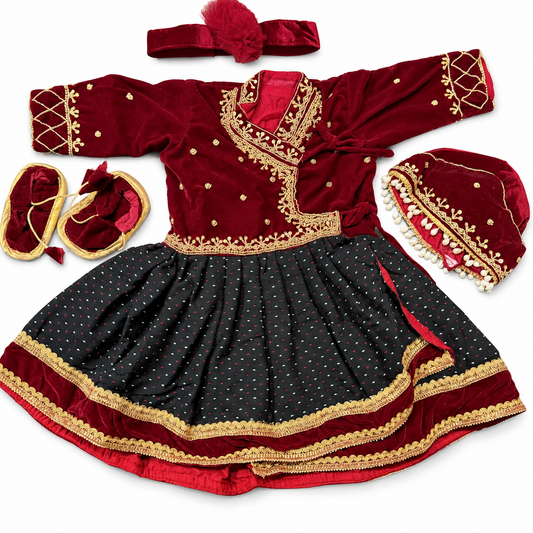 Baby Girl Newari red Pasni Dress Set (3 Pieces) - बेबी केटीको पास्नी ड्रेस सेट (३ वटा)