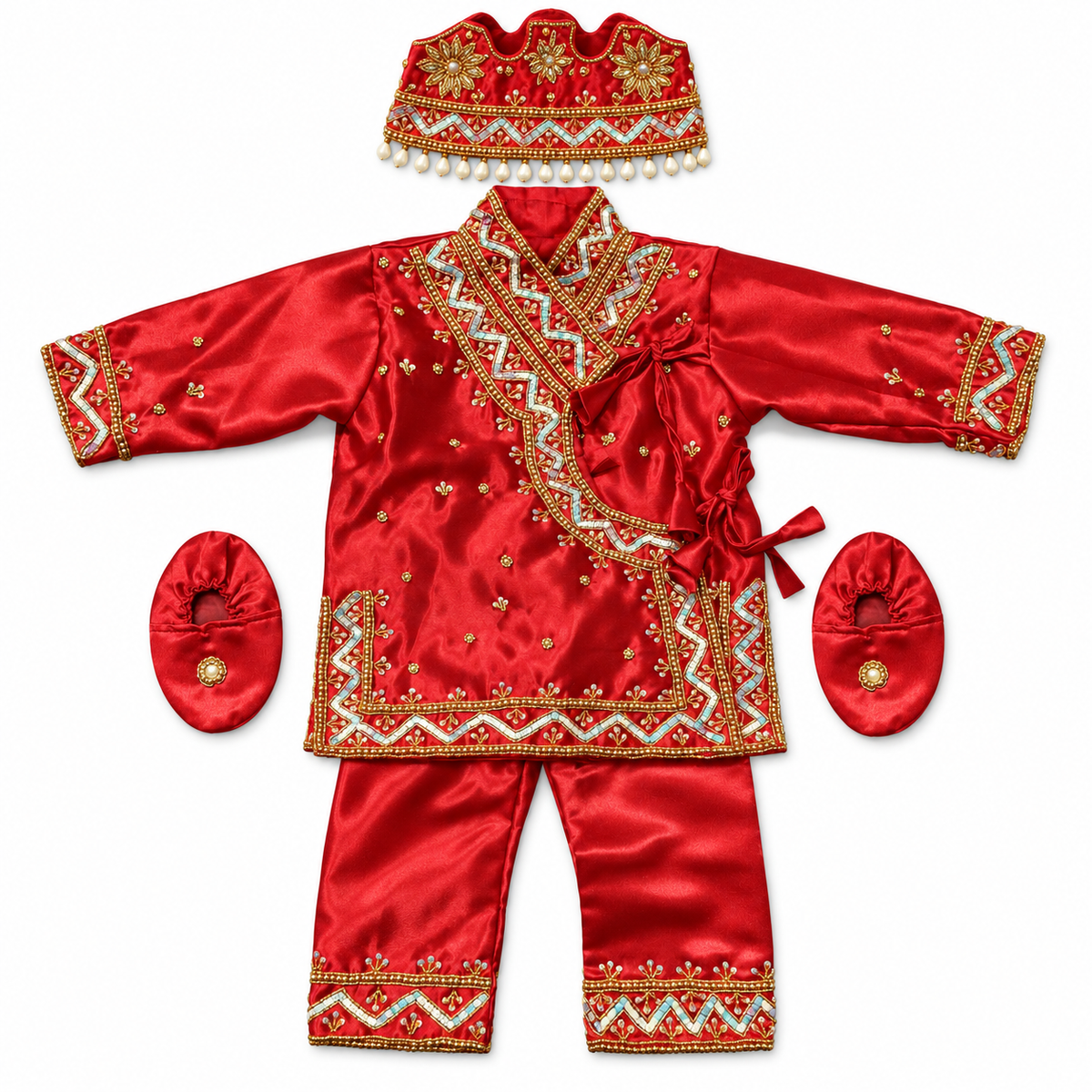 Baby Girl silky red Pasni Dress Set (3 Pieces) - बेबी केटीको पास्नी ड्रेस सेट (३ वटा)
