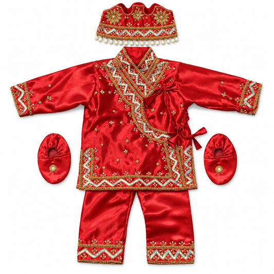 Baby Girl silky red Pasni Dress Set (3 Pieces) - बेबी केटीको पास्नी ड्रेस सेट (३ वटा)