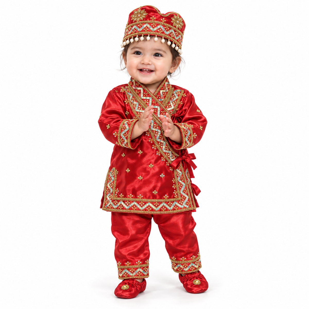 Baby Girl silky red Pasni Dress Set (3 Pieces) - बेबी केटीको पास्नी ड्रेस सेट (३ वटा)