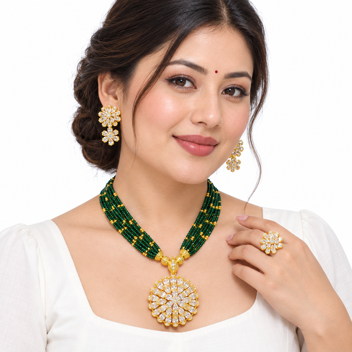 Beaded Floral Jewelry Set – Necklace, Earrings & Ring