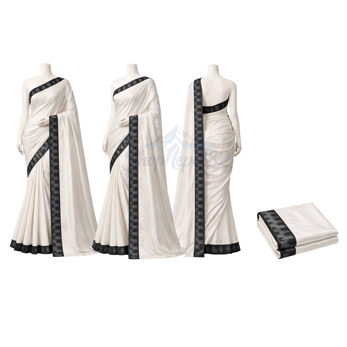 Nepali Dhaka Saree – White Saree with Traditional Dhaka Border – नेपाली ढाका साड़ी (सेतो)
