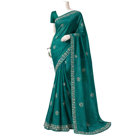 Women's Elegant Green Saree with Embroidered Border – Traditional Ethnic Wear – हरियो कढाई साड़ी