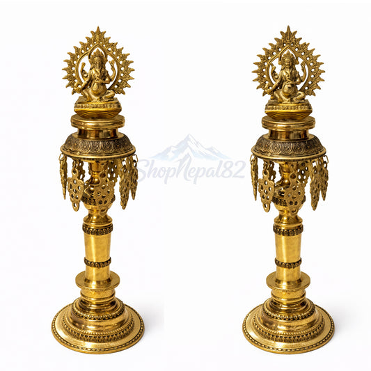 Handcrafted Traditional Brass Puja Deepak Stand (Set of 2) – हस्तनिर्मित पितल पूजा दीपक स्ट्यान्ड