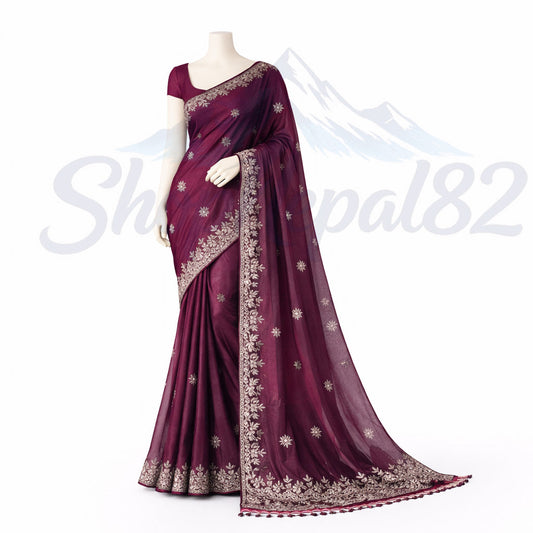 Maroon Embroidered Saree – Elegant Wedding & Festival Wear – कत्थे रङ्गको कढाई साड़ी