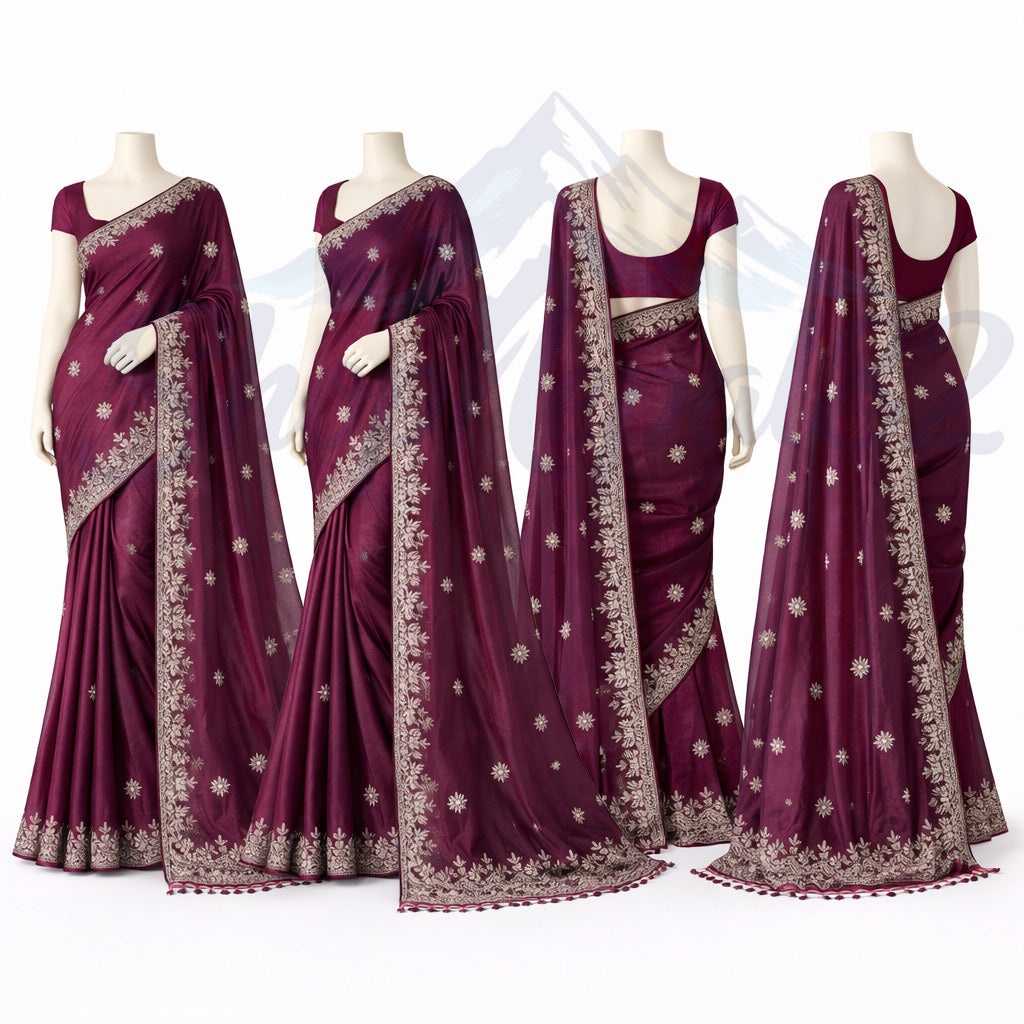 Maroon Embroidered Saree – Elegant Wedding & Festival Wear – कत्थे रङ्गको कढाई साड़ी