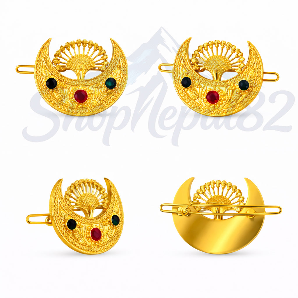 Traditional Nepali Chandra Clip – Gold-Tone Ethnic Hair Accessory – नेपाली चन्द्र क्लिप