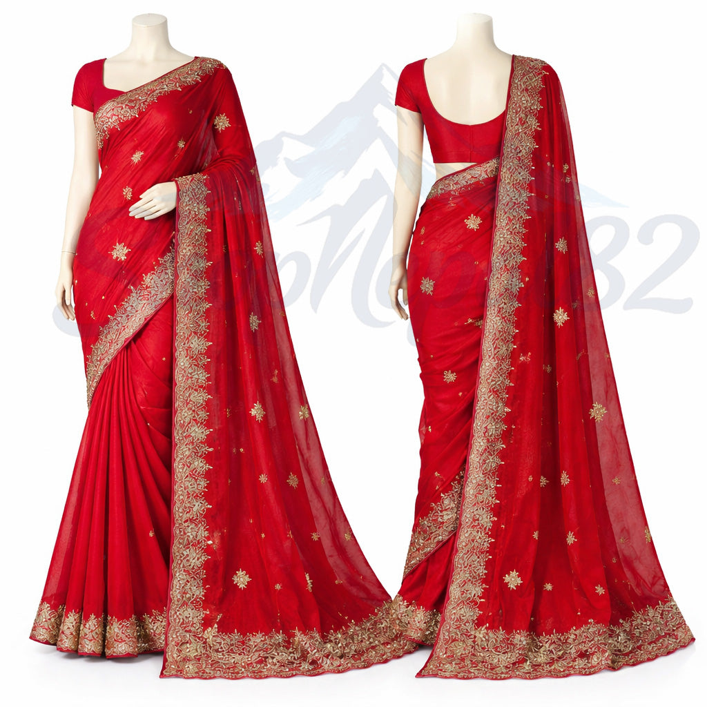 Red Embroidered Saree – Bridal & Festival Designer Wear – रातो कढाई साड़ी