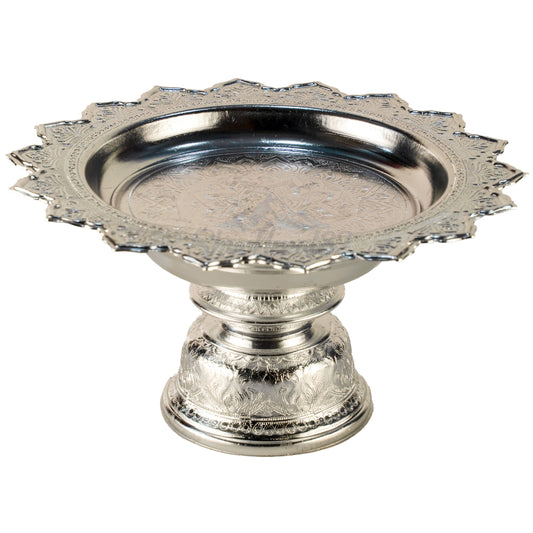 Handcrafted Silver Finish Puja Pedestal Tray | Traditional Decorative Offering Plate – हस्तनिर्मित पूजा थाल