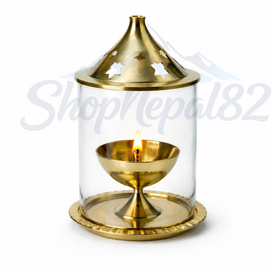 Brass Diya / Oil Lamp with Glass Cover (Brass Akhand Jyoti Lamp) – पितल दियो अखण्ड ज्योति