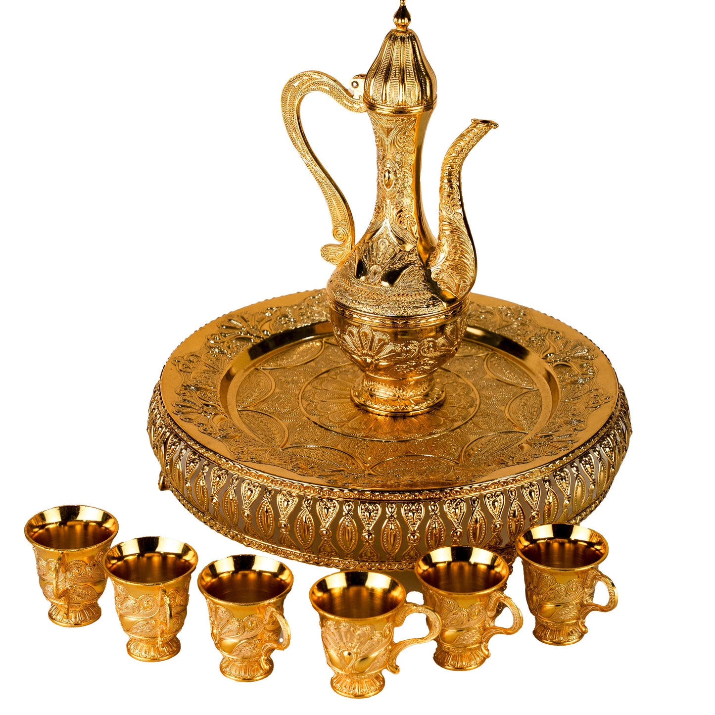 Luxury Gold Finish Arabic Coffee & Tea Serving Set | Ornate Tray with Cups – सुन्दर चिया सेवा सेट