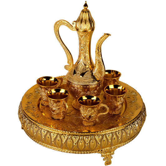 Luxury Gold Finish Arabic Coffee & Tea Serving Set | Ornate Tray with Cups – सुन्दर चिया सेवा सेट