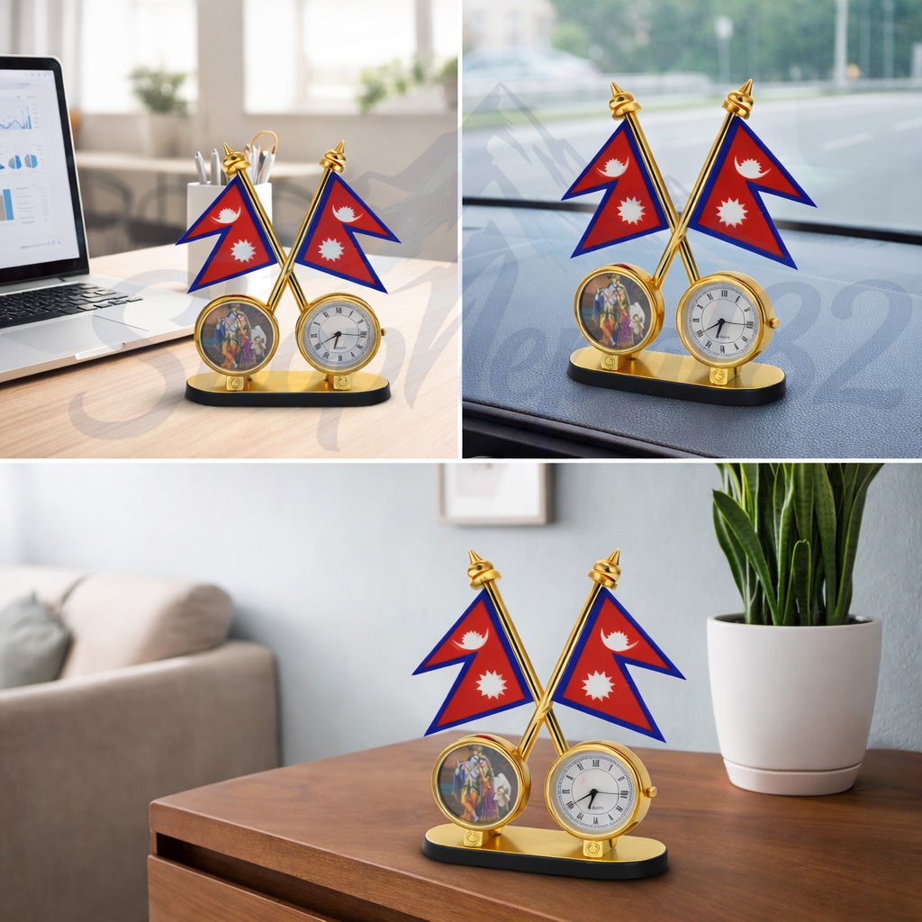 Nepal Flag Table Clock – Gold Finish Decorative Desk Piece – नेपाल झण्डा टेबल घड़ी