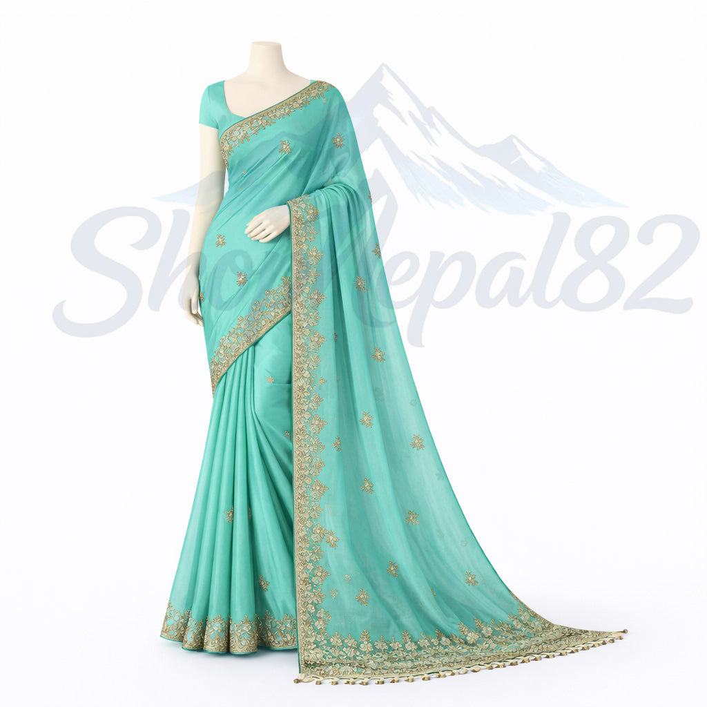 Turquoise Embroidered Saree – Elegant Festival & Wedding Wear – तिरसना कढाई साड़ी