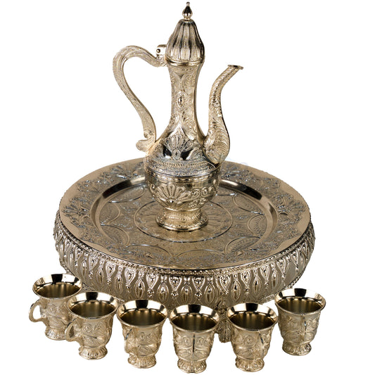 Traditional Decorative Metal Tea Serving Set – Jug, Tray & Cups Set – पारम्परिक चिया सेट