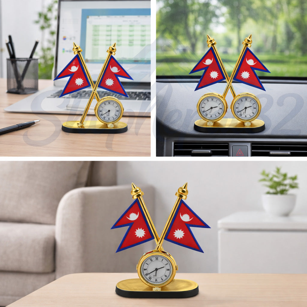 Nepal Flag Table Clock – Gold Finish Decorative Desk Piece – नेपाल झण्डा टेबल घड़ी