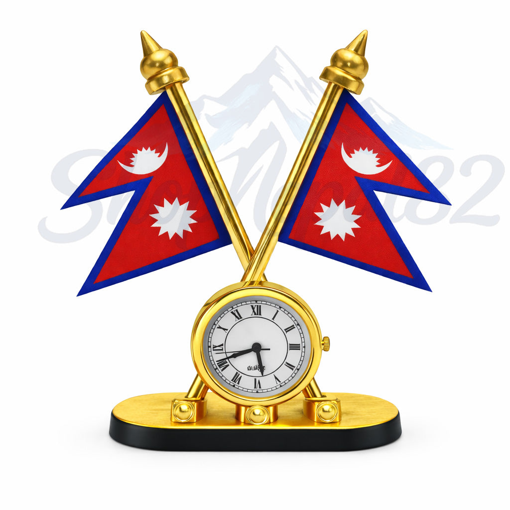 Nepal Flag Table Clock – Gold Finish Decorative Desk Piece – नेपाल झण्डा टेबल घड़ी