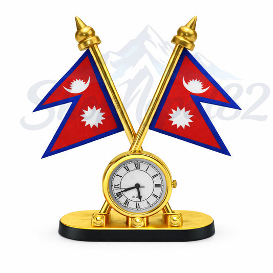 Nepal Flag Table Clock – Gold Finish Decorative Desk Piece – नेपाल झण्डा टेबल घड़ी