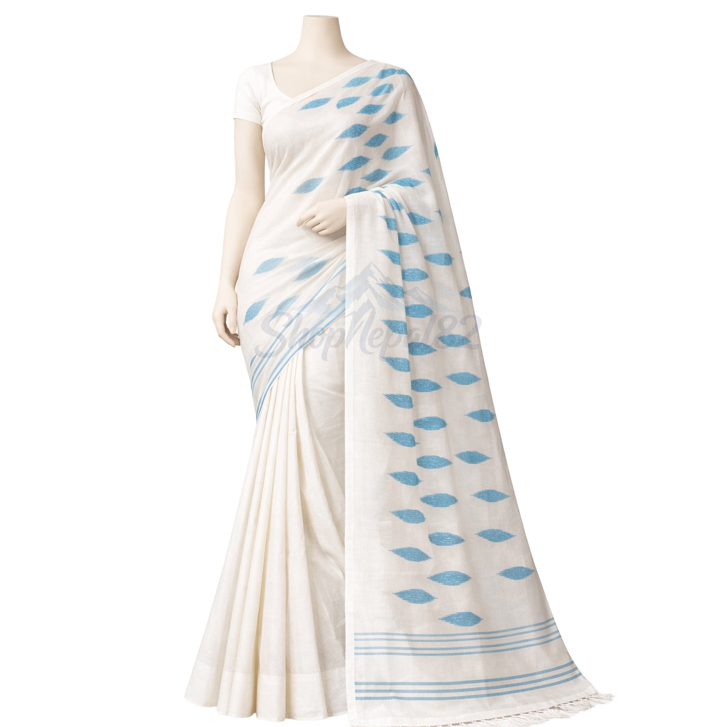 Blue & White Nepali Dhaka Saree – Traditional Ethnic Wear